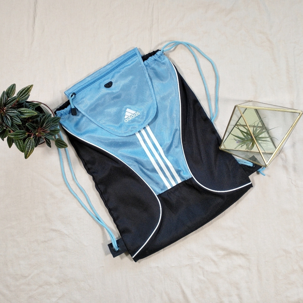 Adidas Metro Drawstring Sackpack Gym Bag w/ Media Pocket in Baby Blue and Black